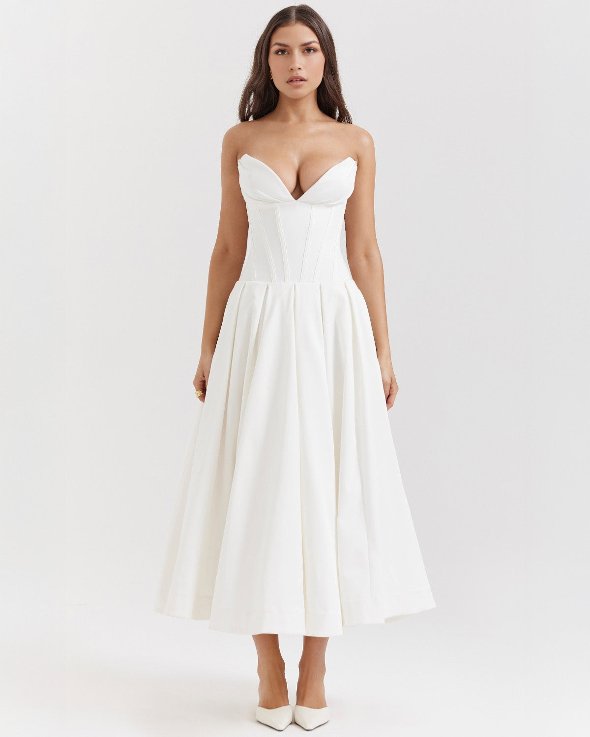 Strapless Pointed Sweetheart Corset Bodice Box Pleat A-Line Midi Dress