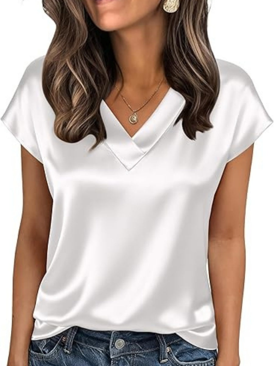V-neck Satin Leisure Solid Color T-shirts