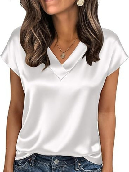 V-neck Satin Leisure Solid Color T-shirts