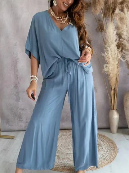 V-neck Batwing Sleeve Casual Loose Wide-leg Pants Two-piece Set