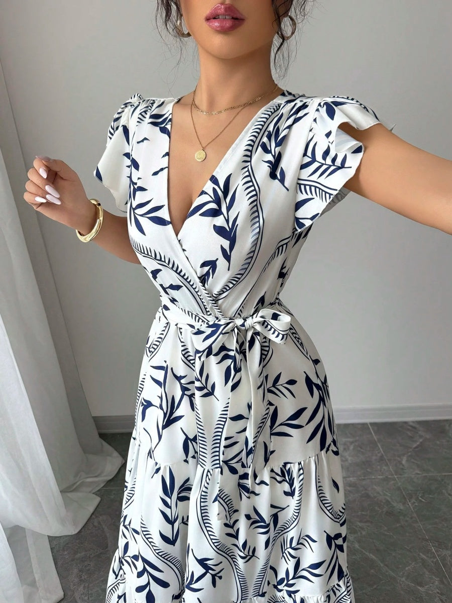 Ruffle Leaf Print V-neck Sexy Slim-fit Long Dress