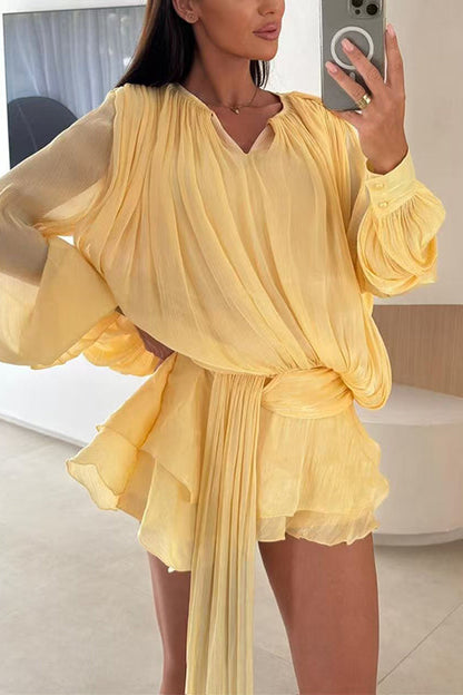 Margovil Lantern Long Sleeves Draped Ruffle Layered Mini Dress with Shorts