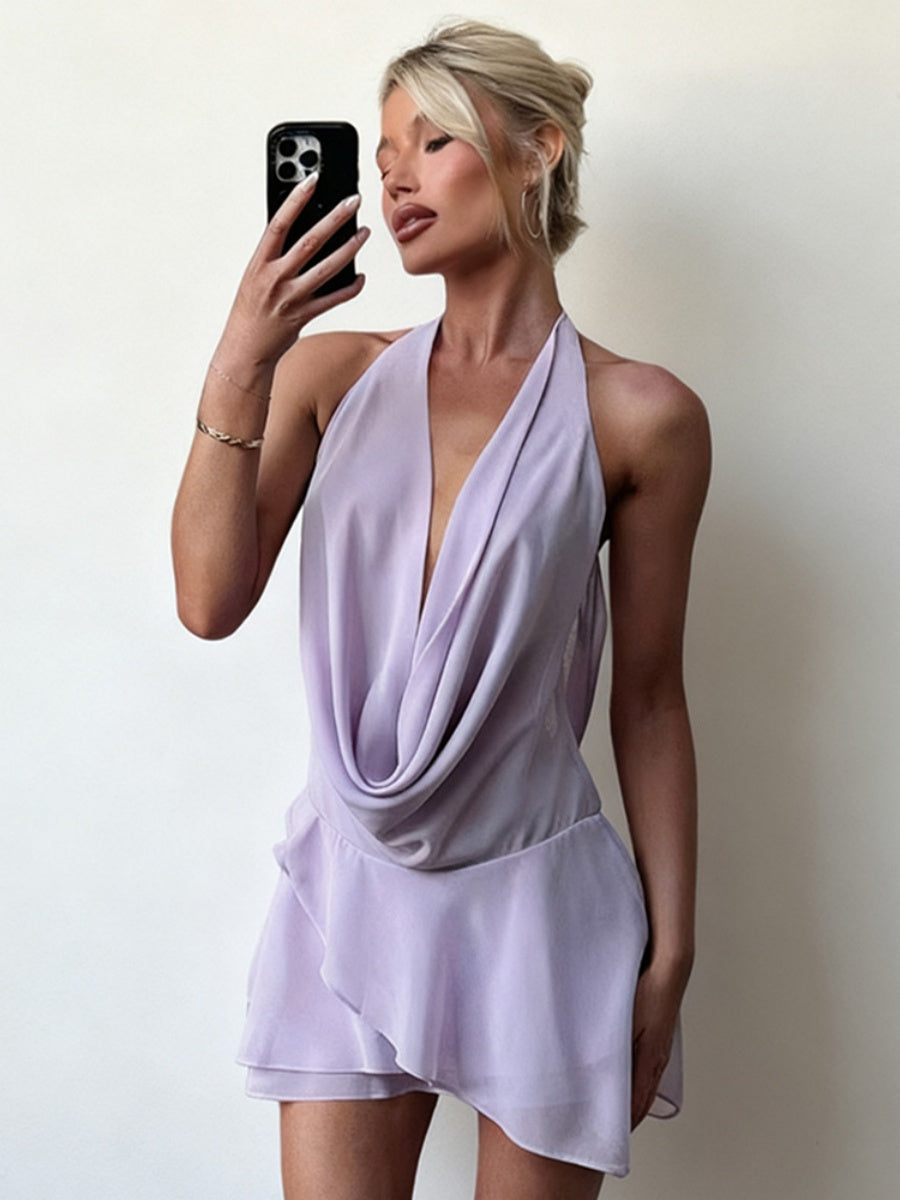 Deep V Swing Collar Chiffon Halter Reunion Mini&Short Dresses