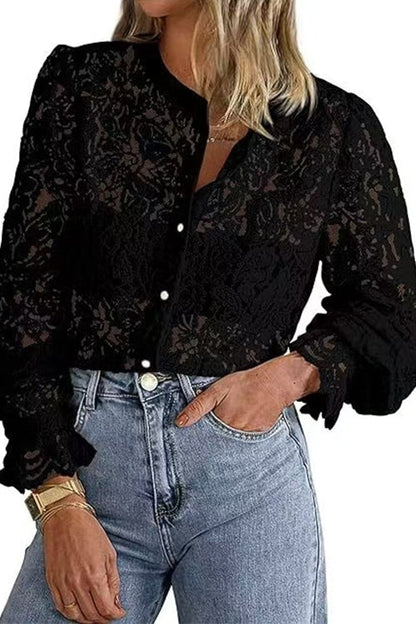 Margovil Ruffle Long Sleeves Button Up Lace Shirt