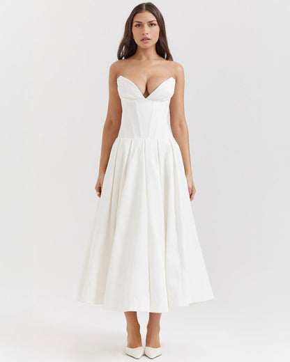 Strapless Deep V Neck Corset Bodice Pleated Fit and Flare Midi Dress