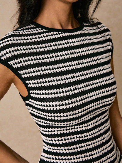 Striped Sleeveless Fitted Midi Dress