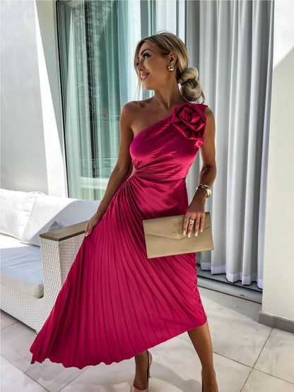 Sloping Shoulders Pleated Hollow Flowers Parties Bridesmaid Maxi Dresses