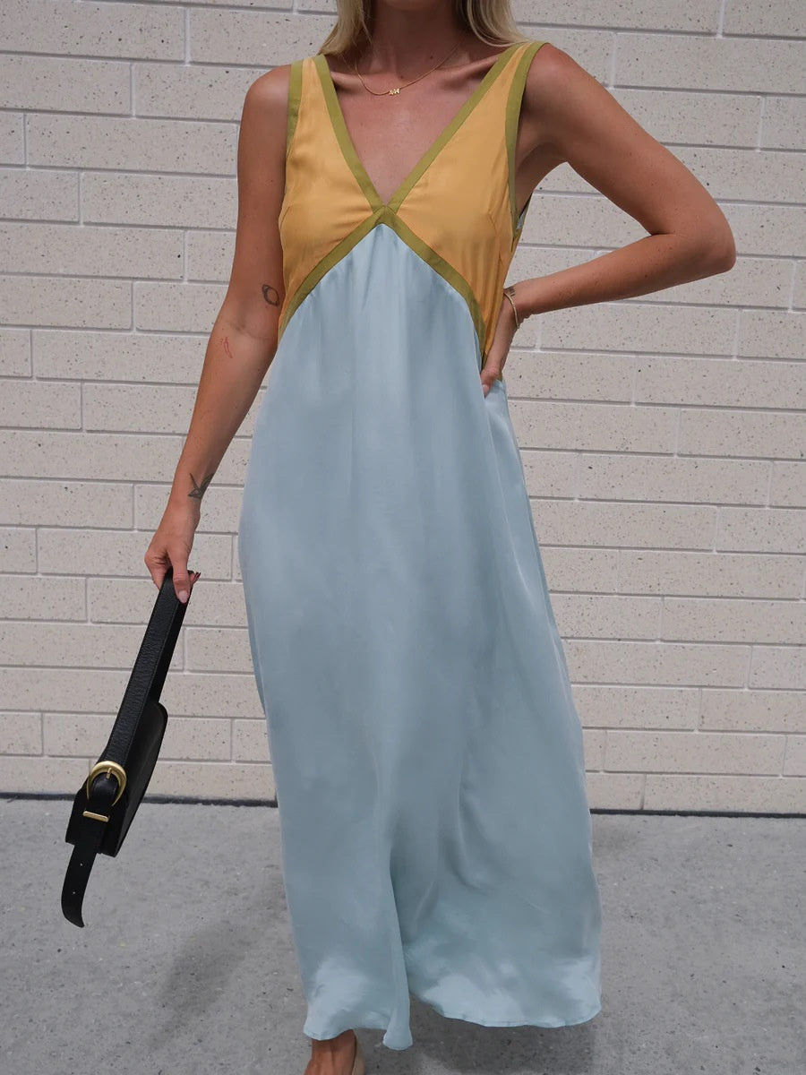 V-neck Sleeveless Color-blocked Maxi Dress