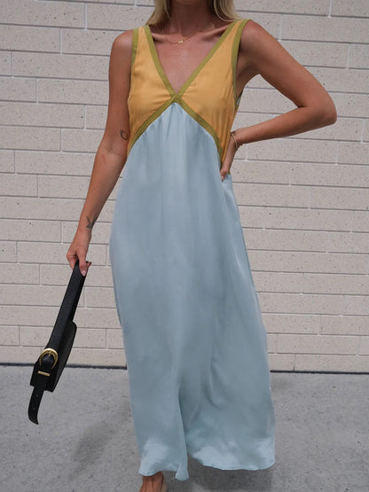 V-neck Sleeveless Color-blocked Maxi Dress