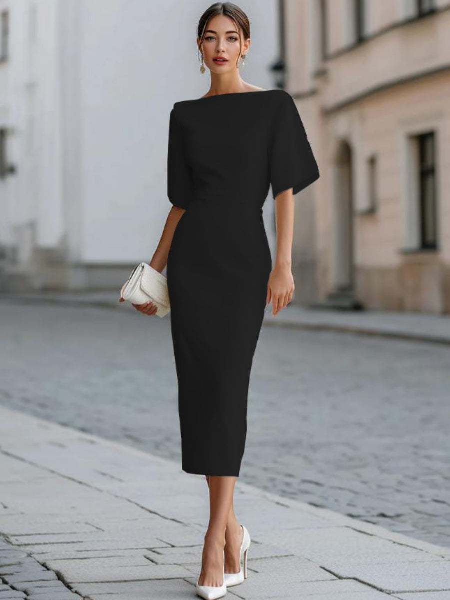 Grace One-shoulder Collar Mid-length Sleeves Slim-fit Midi Dresses