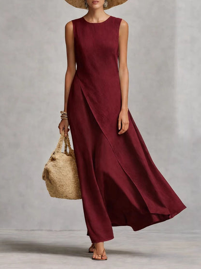 Sleeveless Asymmetrical Hem Cotton-linen Blend Long Dress
