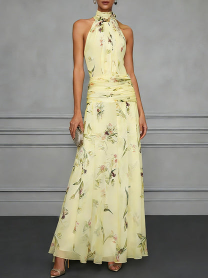Halter Printed Temperament Waist Parties Maxi Dresses