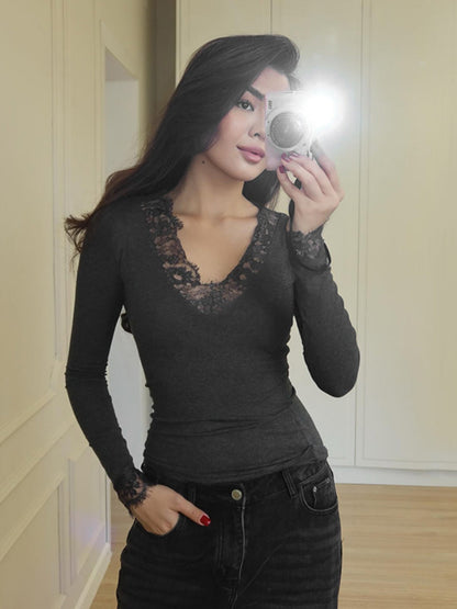V-neck Lace Trim Waist T-shirts