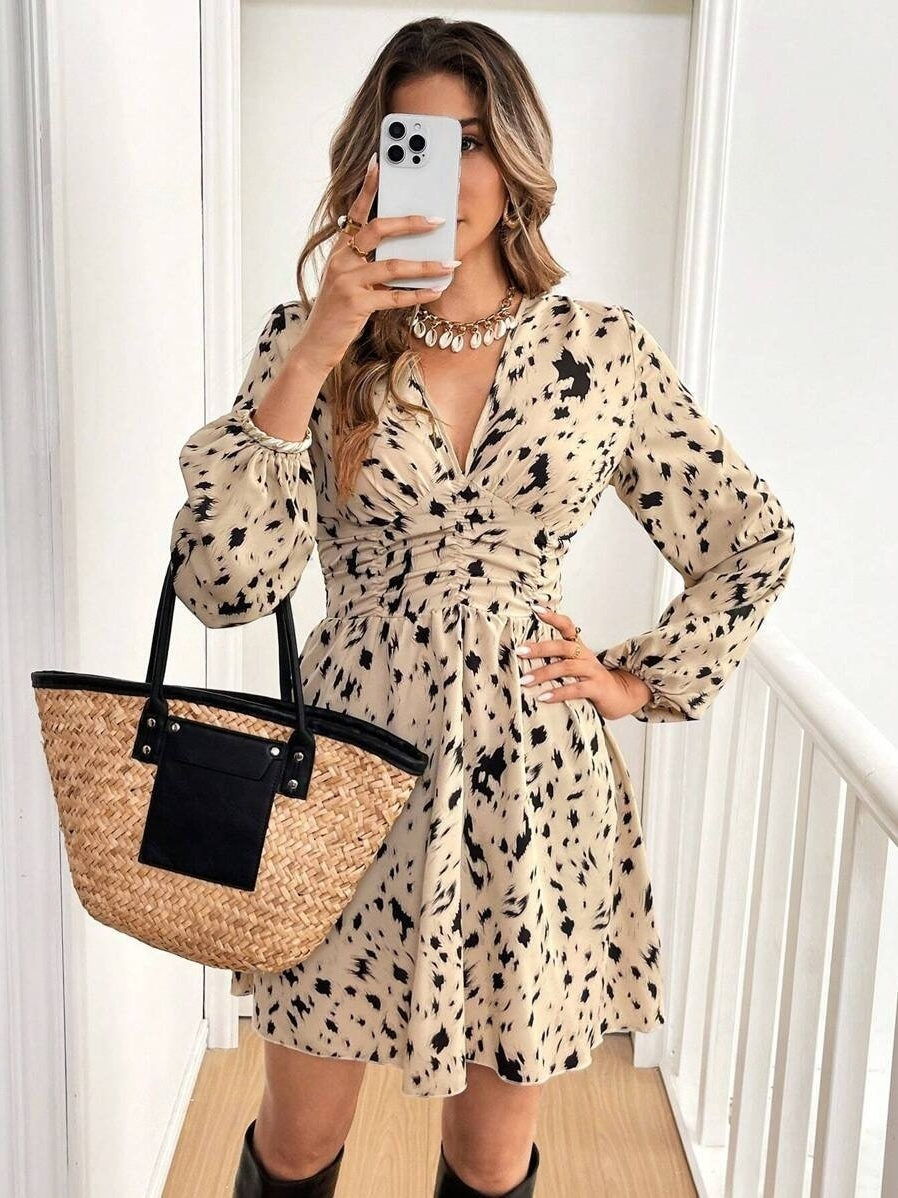 Ruffle Geometric Print Long Sleeve Mini&Short Dresses