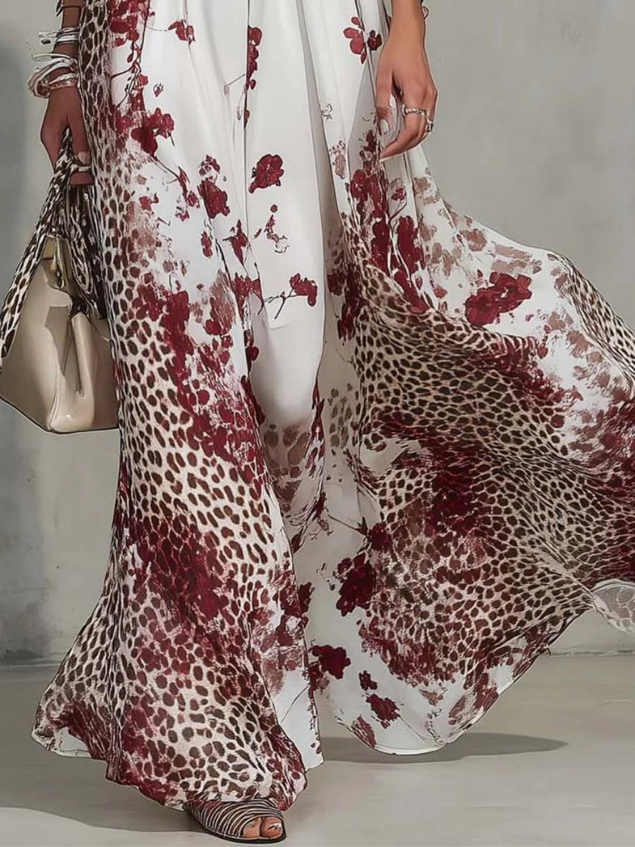 Floral Leopard Print Turtleneck Sleeveless Temperament Vacation Maxi Dresses