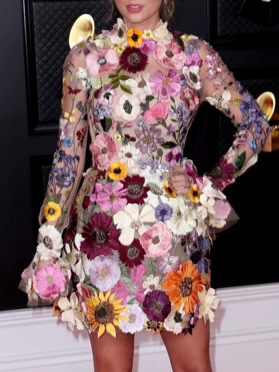 3D Floral Mesh Lace Embroidery Bodycon Slimming Sexy Dress