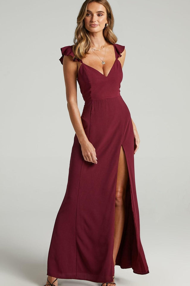 Deep V Neck Ruffle Strap Princess Seam High Slit Maxi Dress
