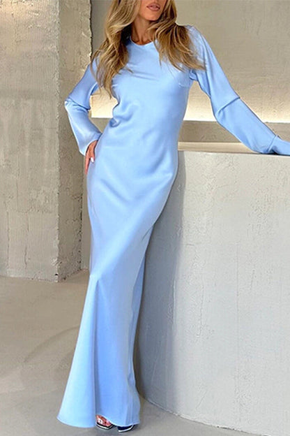 Margovil Round Neck Long Sleeves Satin Maxi Party Dress