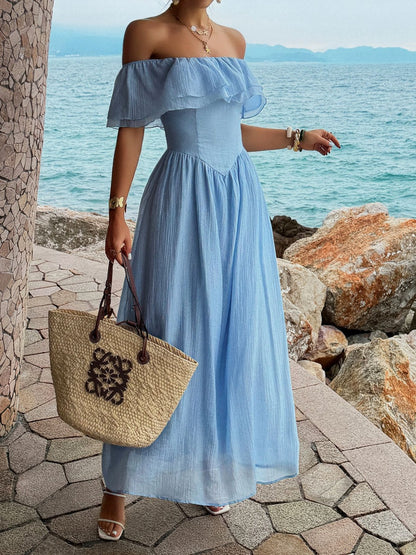 Blue Resort-style Strapless Off-shoulder Long Dress