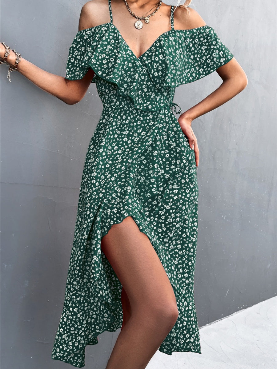 Off-the-shoulder Floral Print Sundress With Ruffles, Midi Length