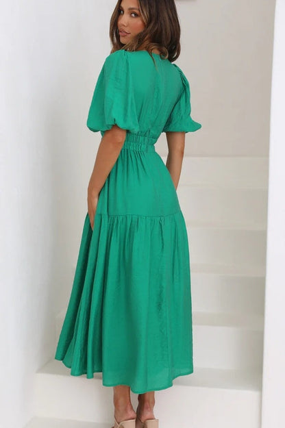 V Neck Puff Sleeve Smocked Empire Waist Tiered Midi Dress
