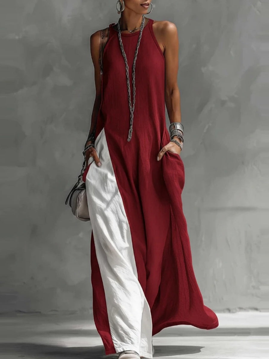 Sleeveless Loose-fit Pocket Color-blocked Leisure Off-shoulder Maxi Dresses