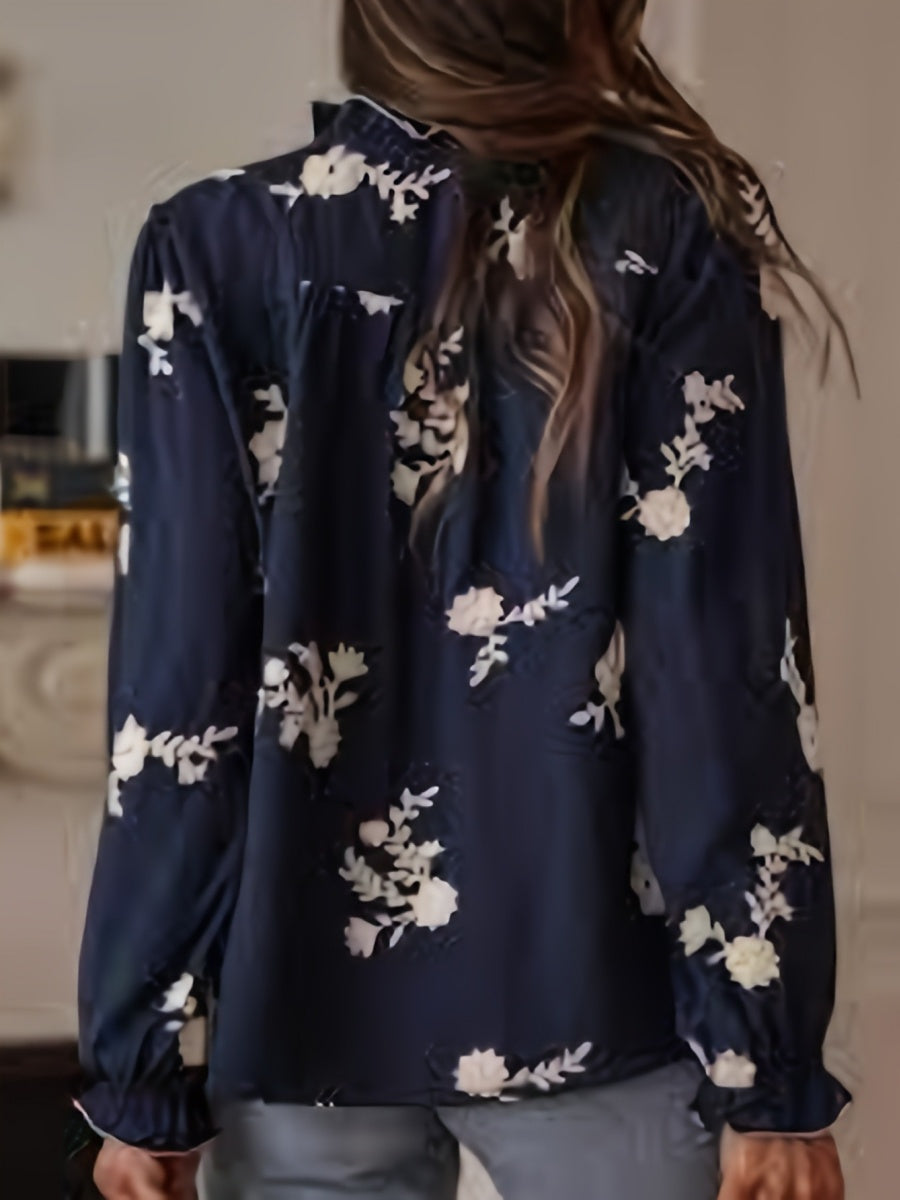 Floral Embroidery Color-blocked V-neck Lantern Sleeve Shirt