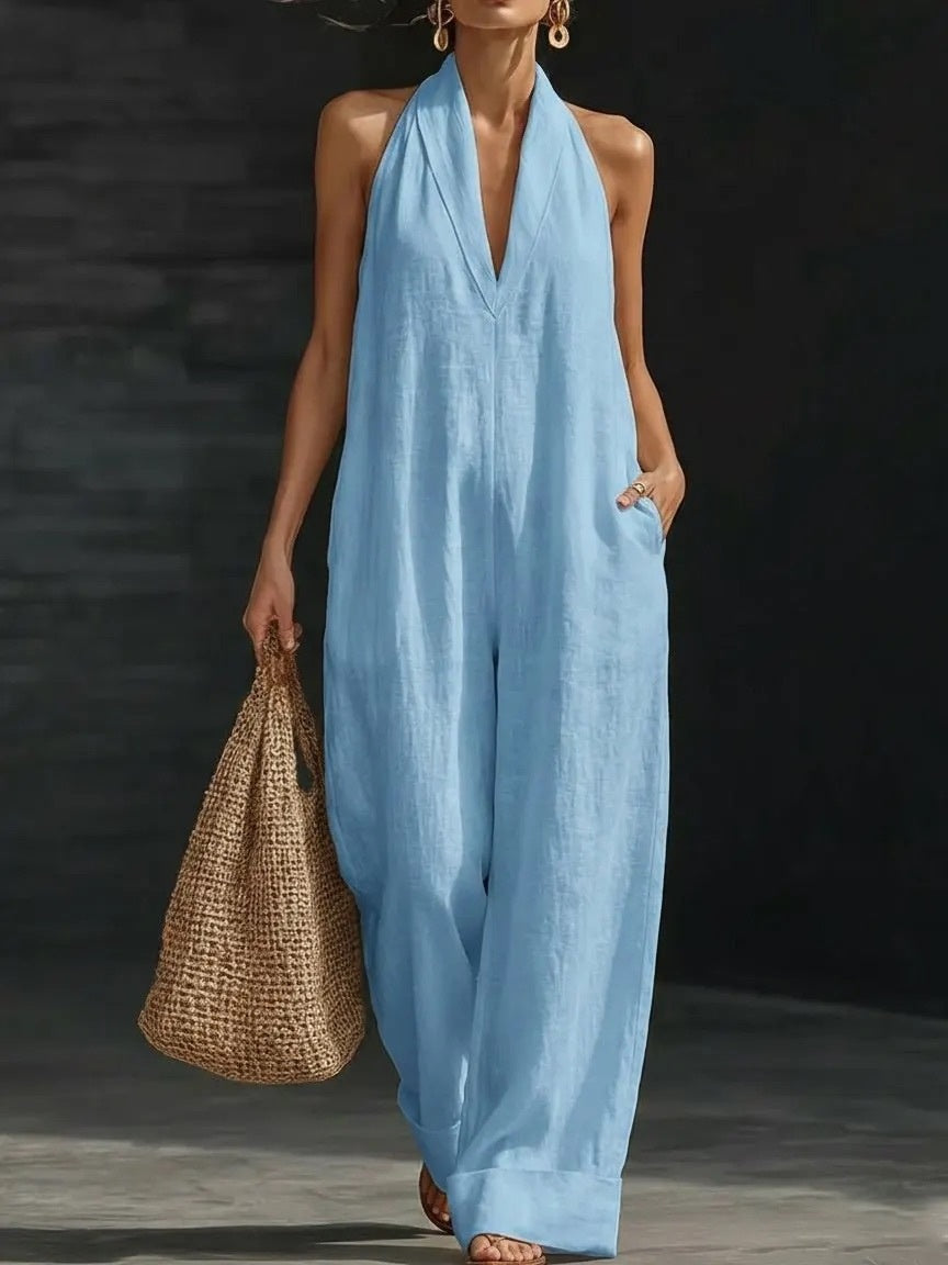 Simple Solid Color V-neck Sleeveless Jumpsuit