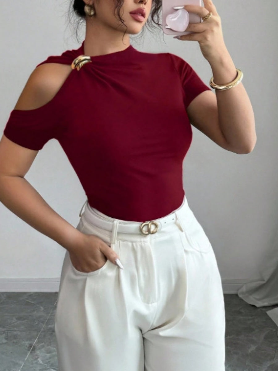 Asymmetrical Neckline, One-shoulder, Metallic Embellishment, Slim-fitting T-shirt