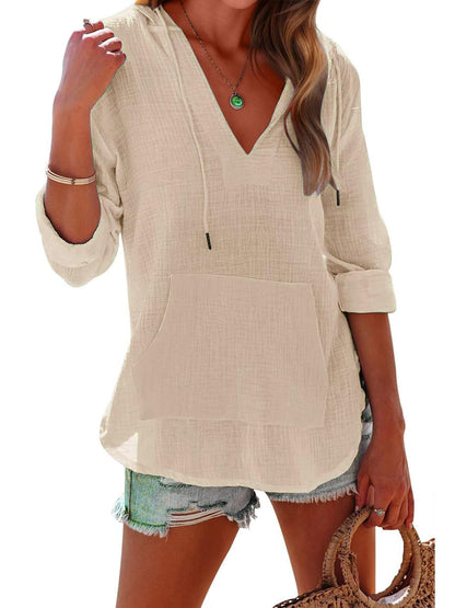 Long-sleeved V-neck Pocket Hoodie