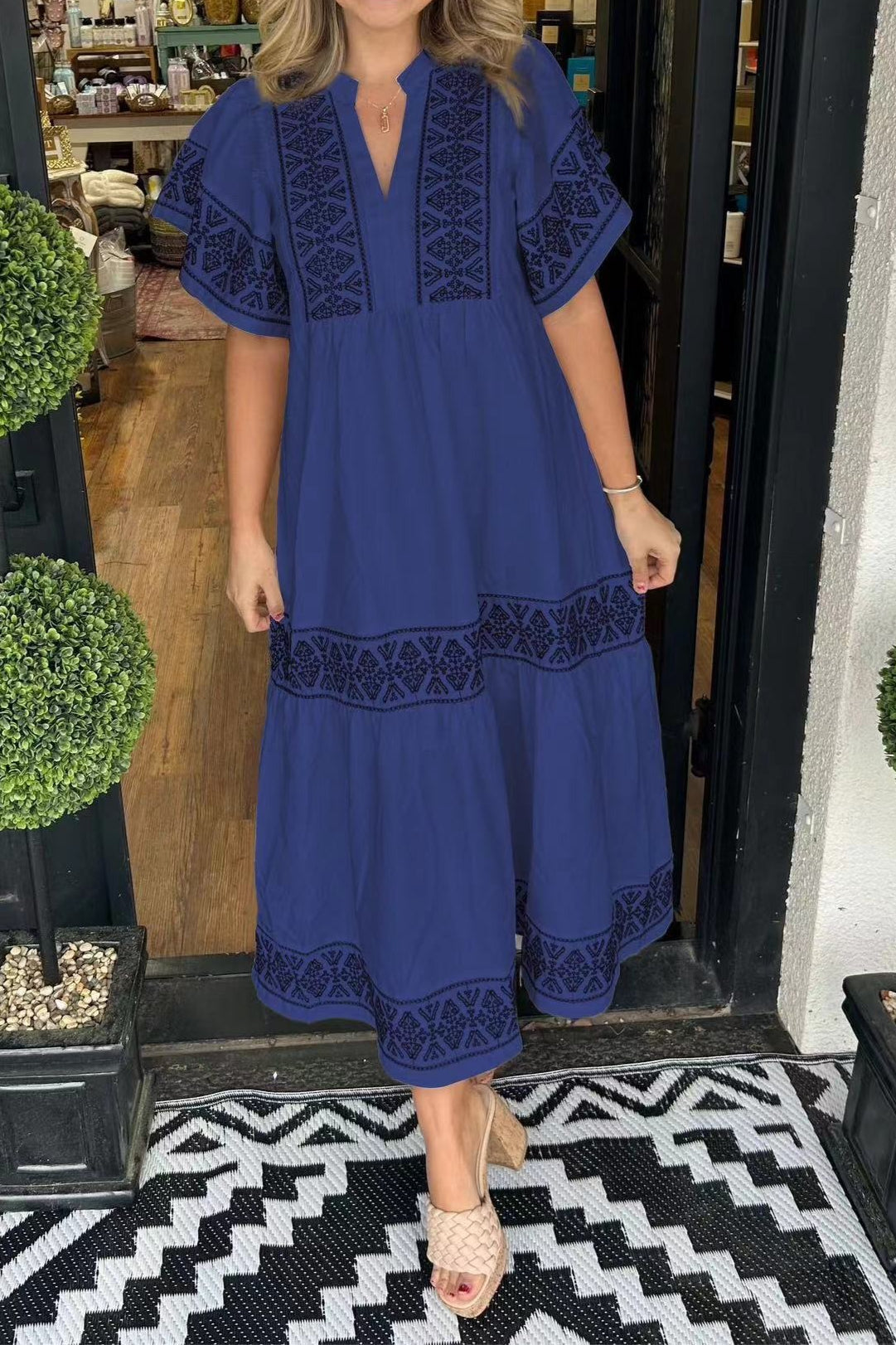 Mandarin Collar Flutter Sleeve Embroidered Trim Tiered Boho Midi Dress