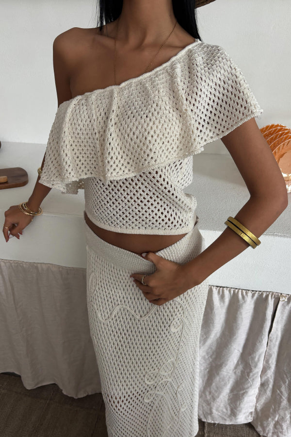 Solid Color One-shoulder Ruffled Openwork Top and Elastic Waist Holiday Knit Maxi Skirt Cover-up Set