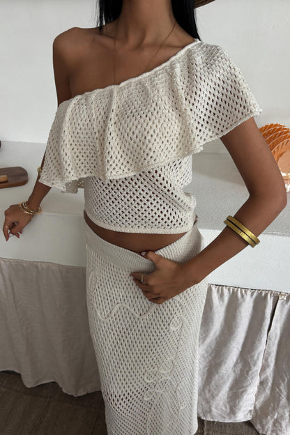 Solid Color One-shoulder Ruffled Openwork Top and Elastic Waist Holiday Knit Maxi Skirt Cover-up Set