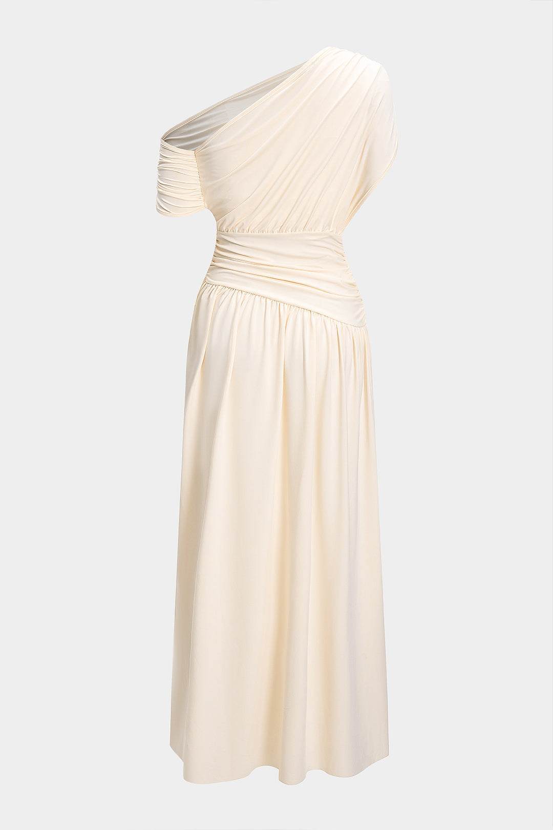 One Shoulder Ruched Draped Bodice Pleated Maxi Dress