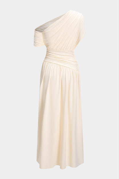 One Shoulder Ruched Draped Bodice Pleated Maxi Dress