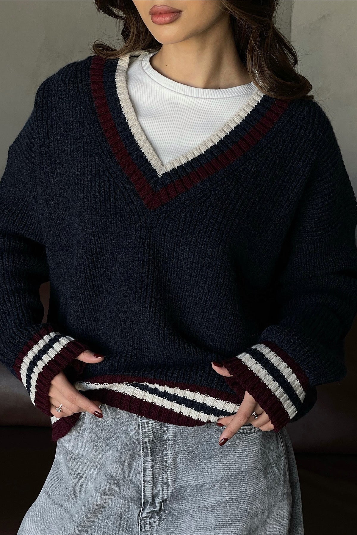 Striped Contrast V Neck Loose Long Sleeve Sweater