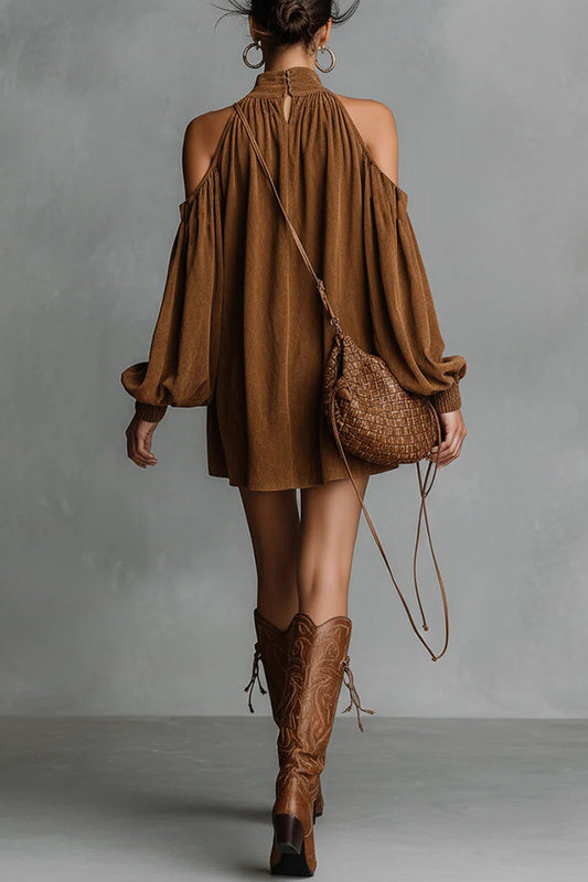 Stylish Off-shoulder Lantern-sleeved Suede Loose Mini Dress