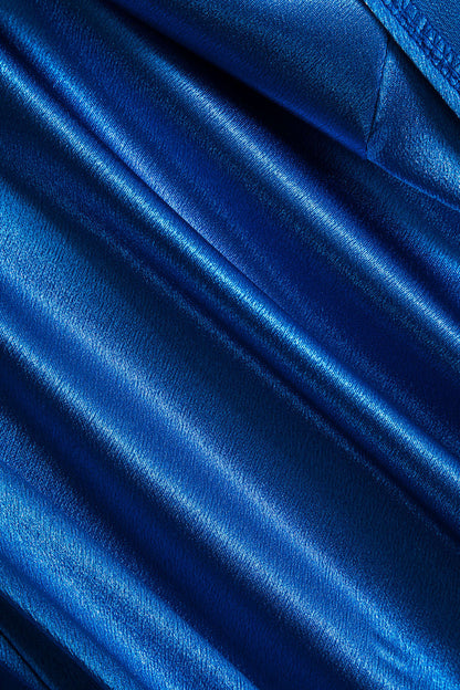 Strapless Sequin Bodice Ruched Satin Knot Hip High Slit Maxi Gown