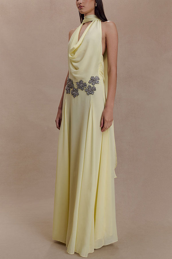 Santal Chiffon Detachable Halter Cowl Neck Scarf Floral Diamante Trims Maxi Dress