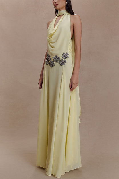 Santal Chiffon Detachable Halter Cowl Neck Scarf Floral Diamante Trims Maxi Dress