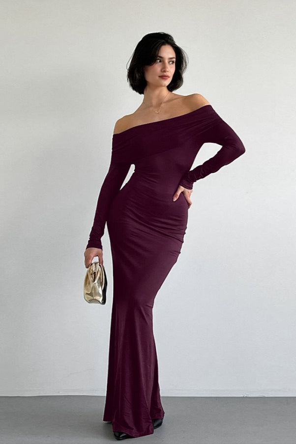 | Solid Off-the-shoulder Bodycon Maxi Dress