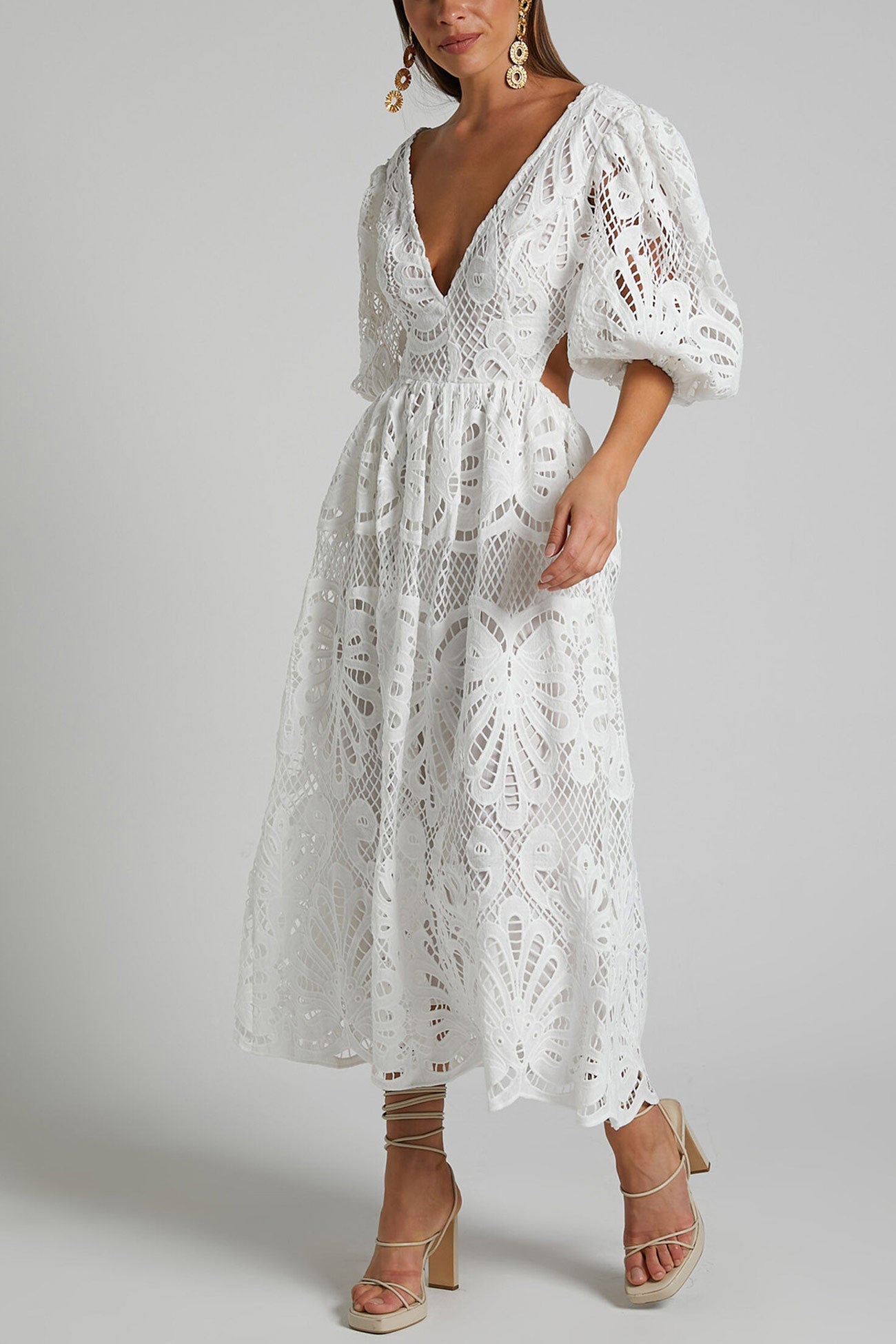 V-neck Lace Embroidery Hollow Waist Dress