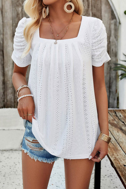 Square Neck Puff Sleeve Hollow Out Blouse