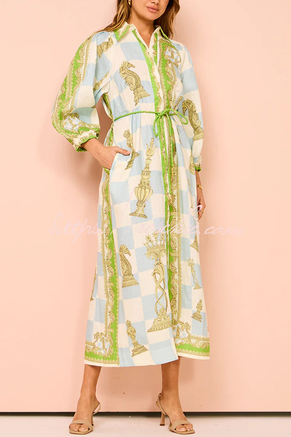 Unique Printed Long Sleeve Drawstring Pocket Shirt Midi Dress