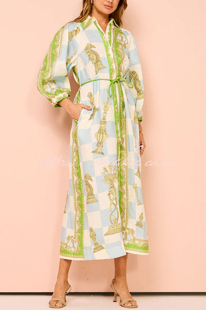 Unique Printed Long Sleeve Drawstring Pocket Shirt Midi Dress