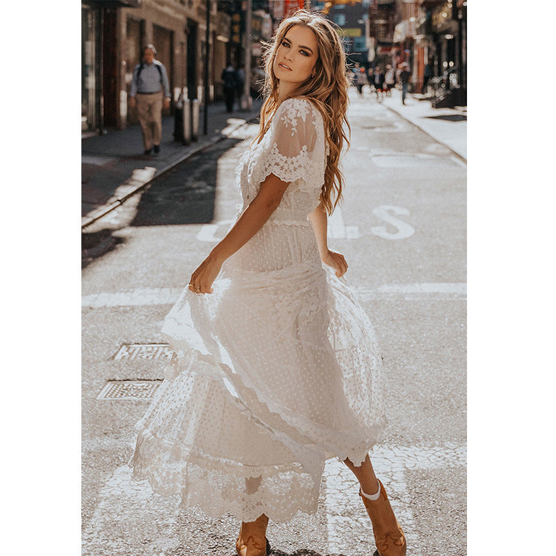 Short Sleeve Floral Lace Embroidery Tiered Dot Mesh Scallop Hem Maxi Dress
