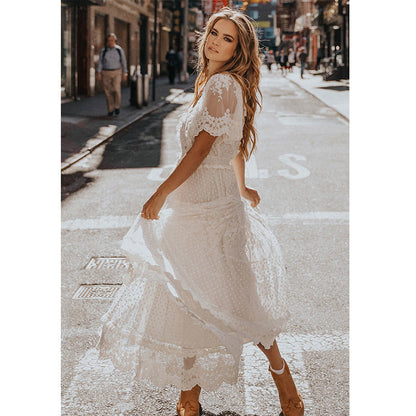 Short Sleeve Floral Lace Embroidery Tiered Dot Mesh Scallop Hem Maxi Dress