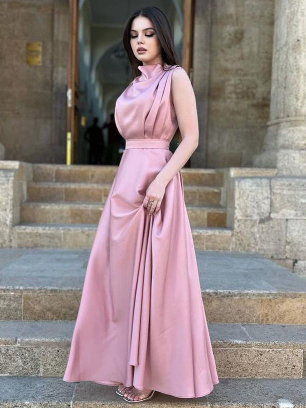 Sleeveless Dress Belted Pleated Prom Maxi Dresses In Solid Color