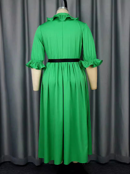 A-line Ruffle Sleeves Belted Buttoned Pleated Ruffled Solid Color Tied Waist Maxi Dresses
