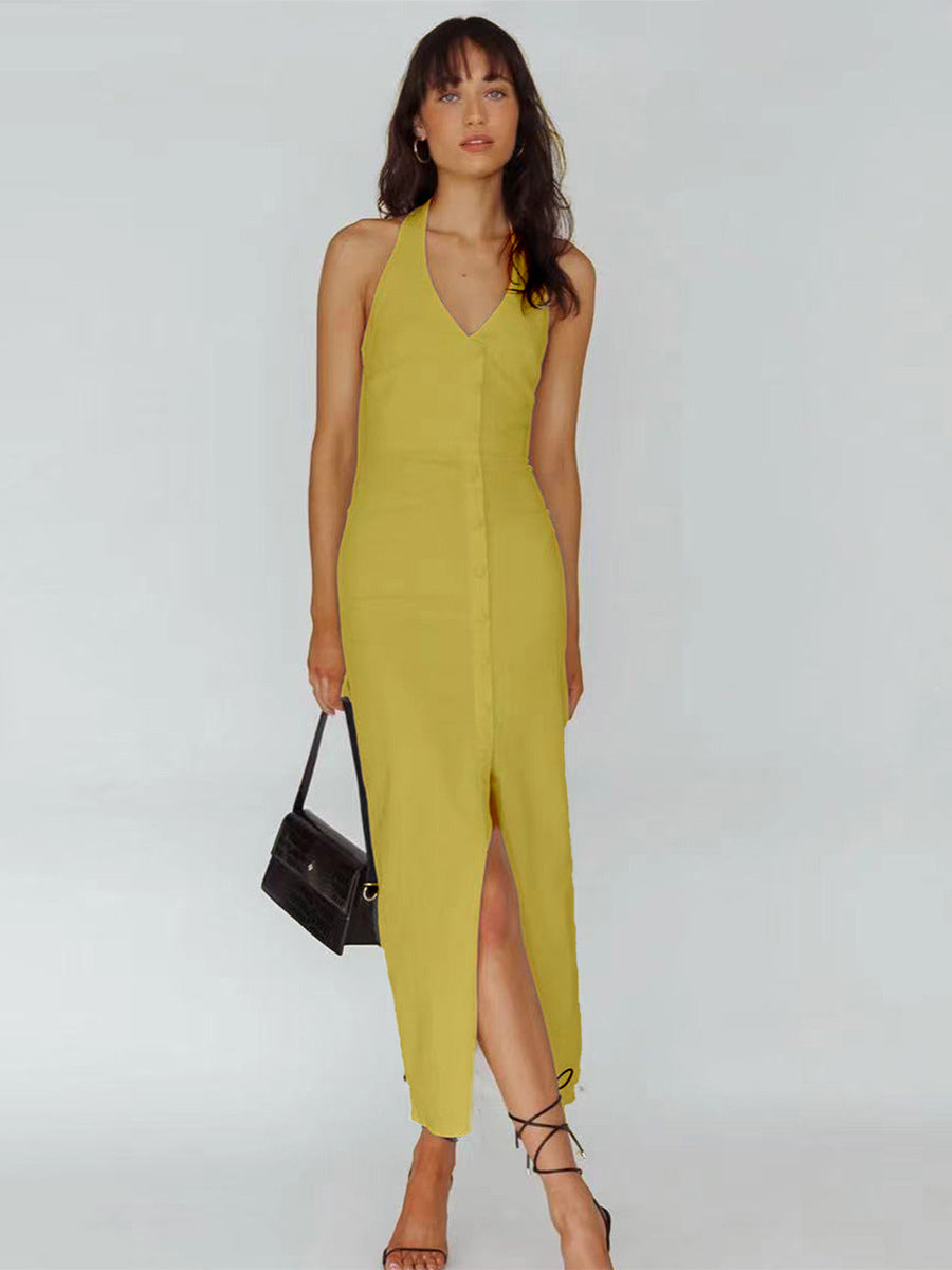 Plain Halter Dress Buttons V-Neck Backless Slit Convertible Party Midi Dresses